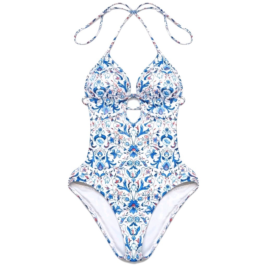 Vtg Y2K Abercrombie & Fitch Blue Paisley Padded One Piece Cut Out Monokini M