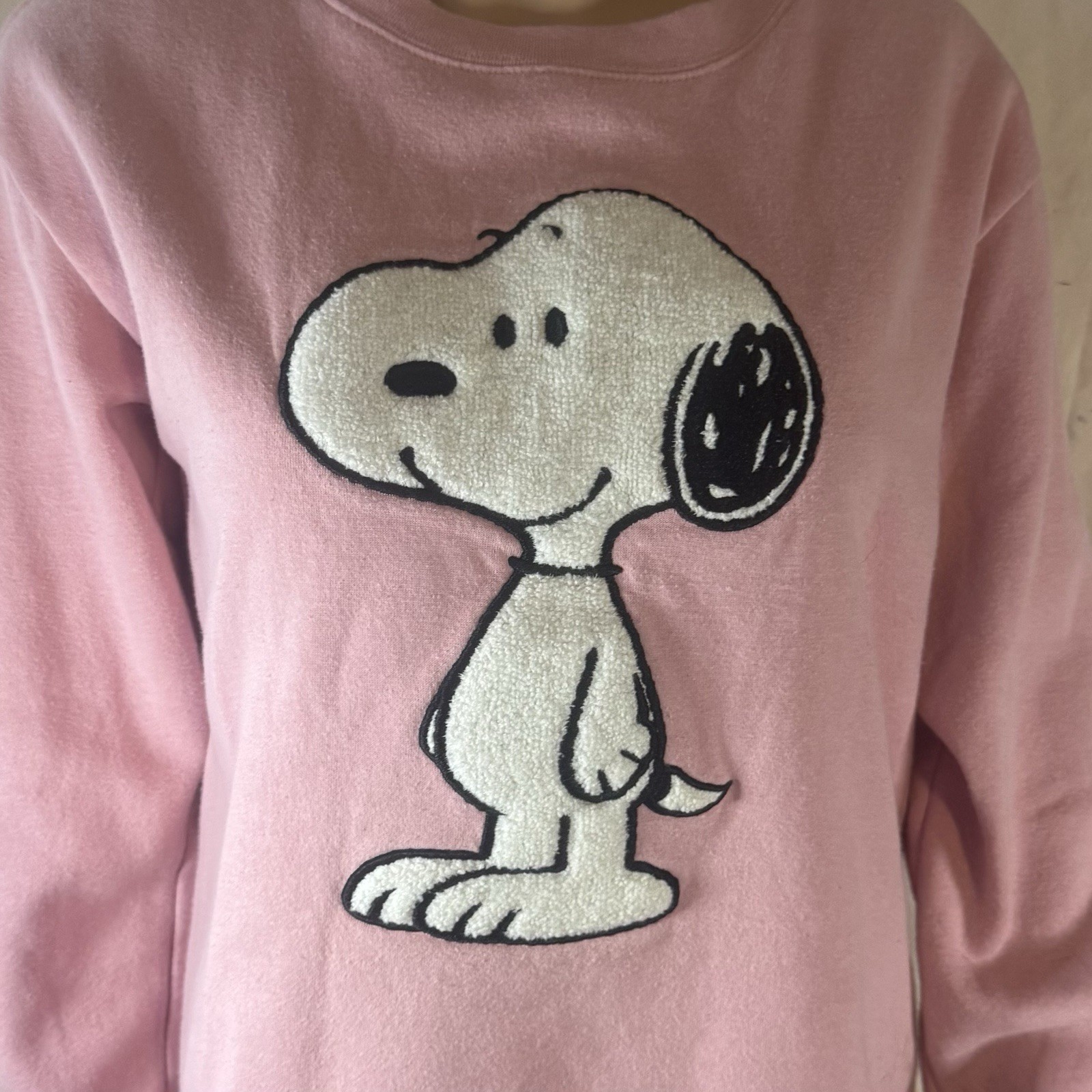 Peanuts Snoopy Women's Pink Sweatshirt 3D Raised Punch Needle Plush Embroidered