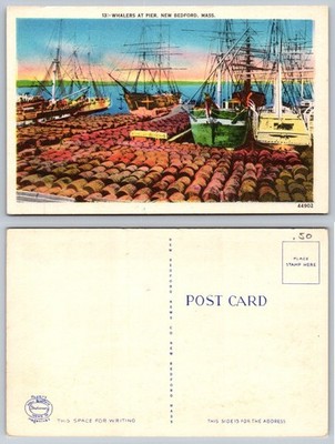 Whalers at Pier New Bedford MA Postcard Historic Whaling Ships Barrels Linen Era