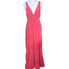 L*Space Lilikoi Pink Orange Tropical Floral Smocked Tiered Maxi Dress Small READ