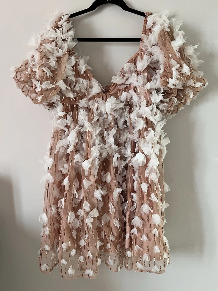 ASOS Luxe Feather Dress Size 10 Nude Sheer Cocktail Party Statement Puff Sleeves - Image 3 of 4