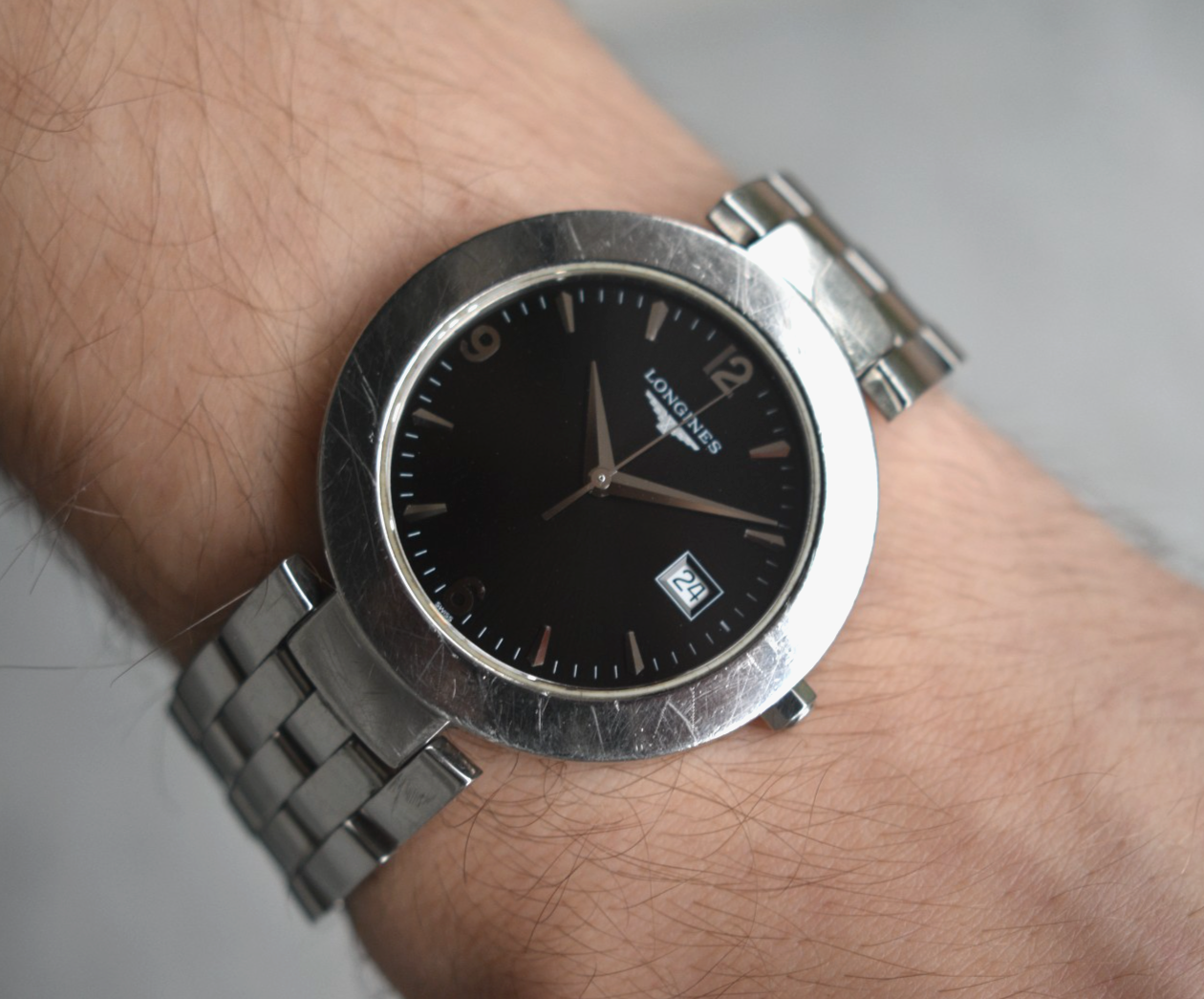 Longines Quartz Black Dial Men's Watch Bracelet Rare Sunburst Dial Date Steel