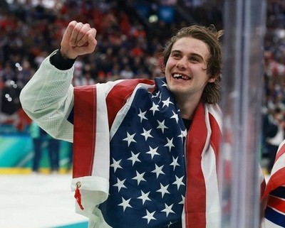 JACK HUGHES USA Gold American Flag vs Canada 2026 Olympics 8 x 10 Photo Man Cave