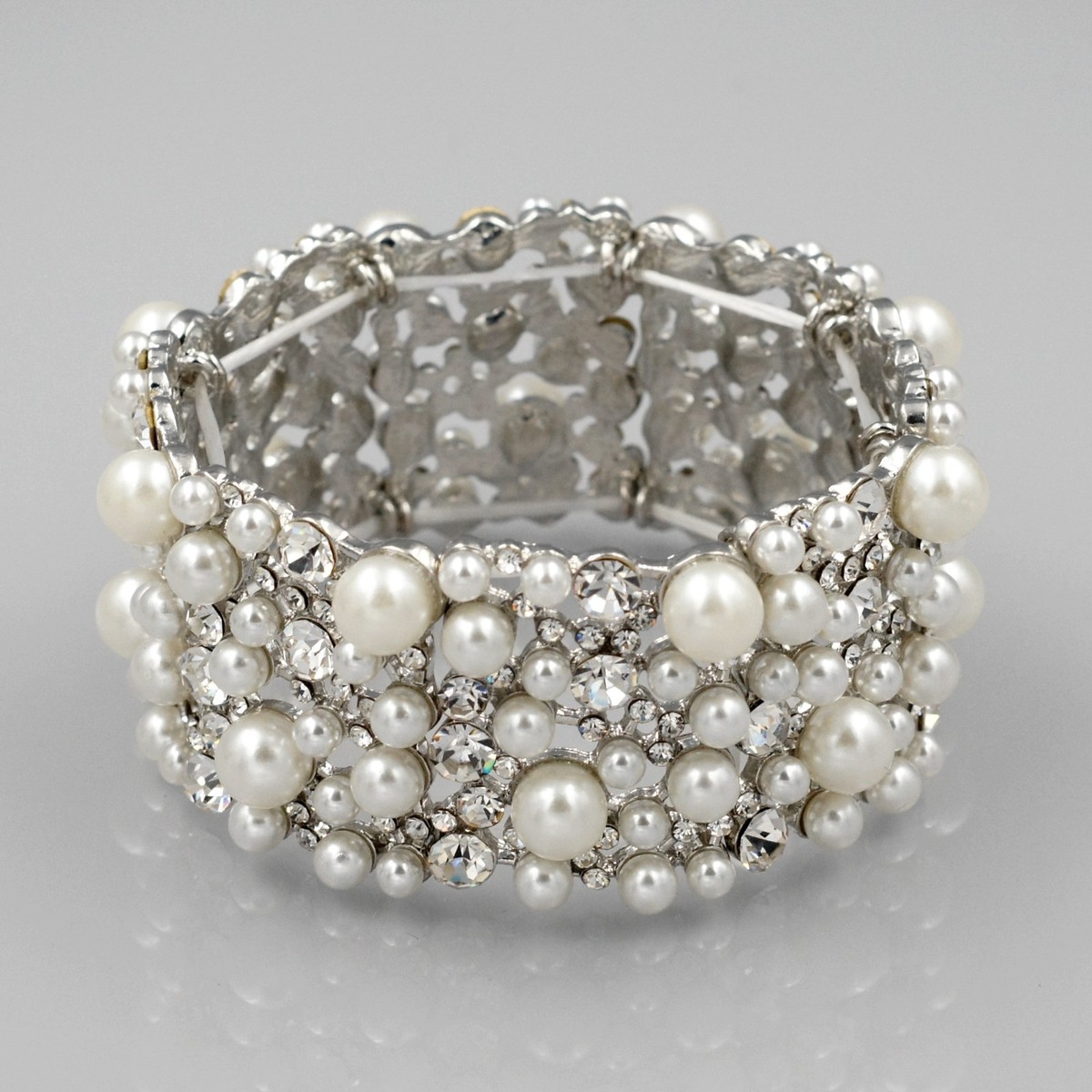 Vintage Style Pearl Rhinestone Stretch Bracelet Wide Cuff Wedding Jewelry Gift View 2