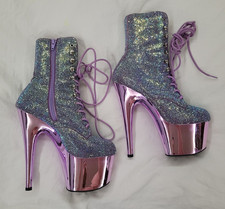 Pleasures Adore Brillo Iridiscente Púrpura 1020CHRS Botas con Cordones 7" Tacones Talla 7