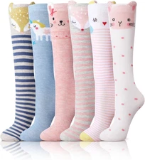 6 Pairs Kids Girls Knee High Socks Cotton Crew Athletic Cute Animal Pattern Craz