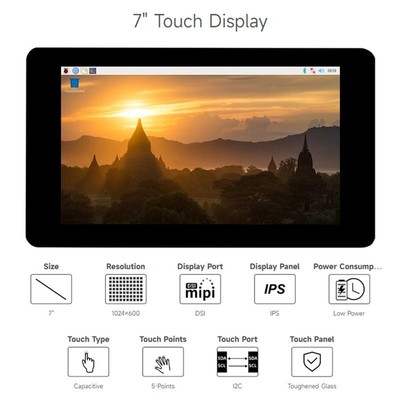 Raspberry Pi 7-Zoll-IPS kapazitiver 5-Punkt-Touchscreen 1024 × 600 Pixel Pi5/4B