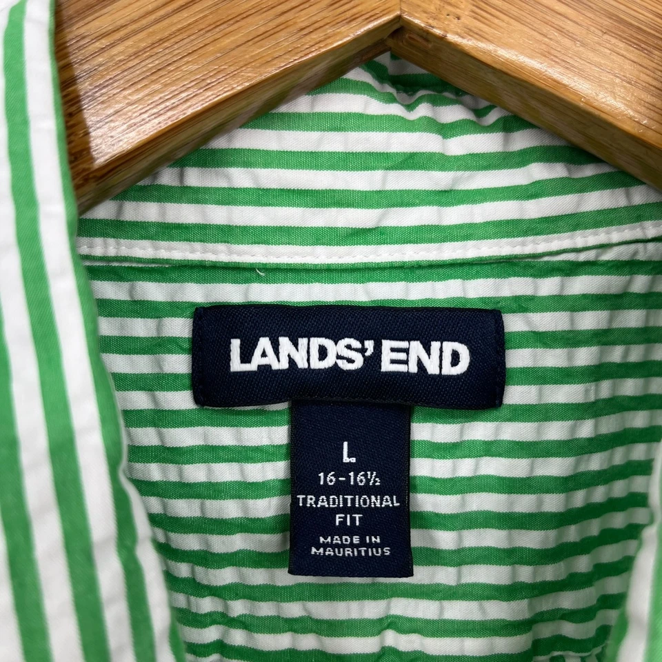 Lands' End Short Sleeve Button Shirt Men's Size L Green Striped Seersucker - Image 4 of 4