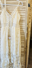 Cider Ivory Lace Floral Midi Sundress V-Neck Strappy Sleeveless Tasseled L