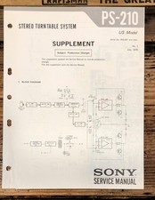 Sony PS-210 Record Player / Turntable Supp. Service Manual Original