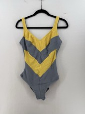 Vintage Ladies Robby Len Swim Suit Size 14 Yellow Blue Chevron Knit 90s Barbie