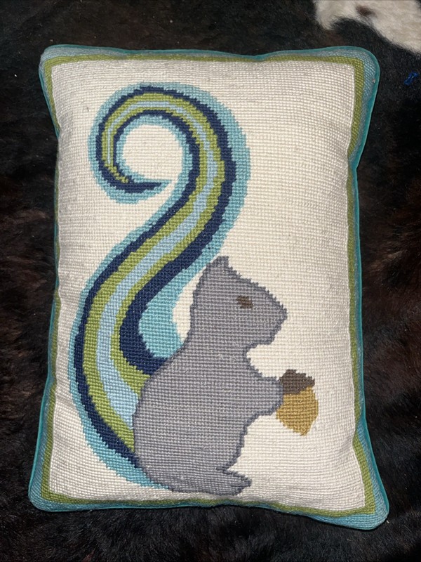Adorable Jonathan Adler Needlework Squirrel Pillow With Teal Velvet Backing