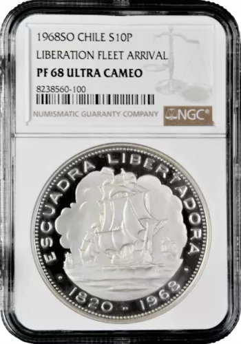 Chile 10 pesos 1968 So, NGC PF68 UC, "Arrival of Liberation Fleet" silver coin