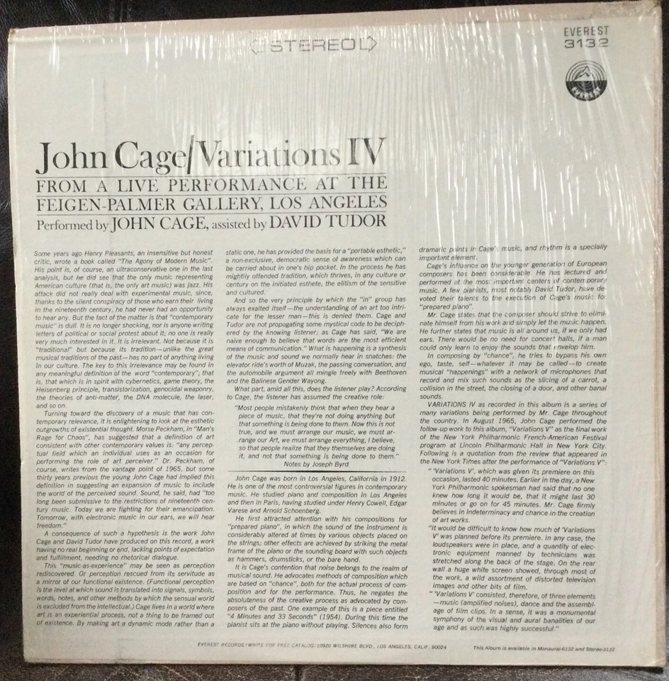 JOHN CAGE Variations IV with David Tudor Recorded Live 1965 LP. Everest 3132 NM - Image 3 of 4
