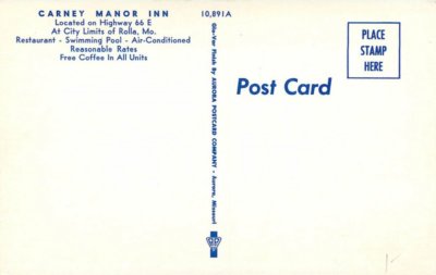 Aurora Glo Var Carney Manor roadside Rolla Missouri 1950s Postcard