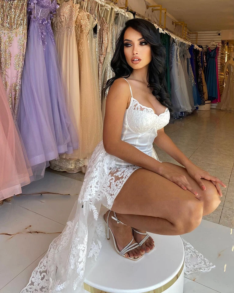 Short Wedding Dresses Spaghetti Straps With Lace Train Beach White Bridal Gowns - Image 3 of 4