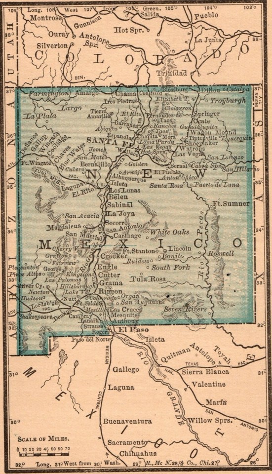 Framed Original 1889 Antique Map NEW MEXICO Albuquerque Las Vegas Lunas