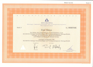 SECURENTA Sammelaktie über Fünf Stückaktien Göttingen im Dezember 1998
