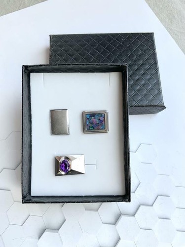 Cufflinks Japan Vintage Solid Silver Amethyst Opal Gemstones Men's Jewelry 70s - Picture 9 of 9