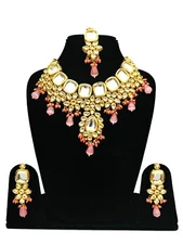 Indian Pink Kundan Studded Bridal Women Necklace with Maang Tikka & Earrings Set