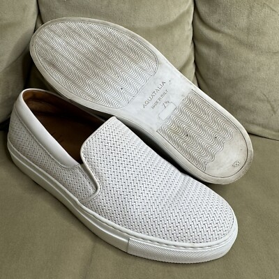 Aquatalia Alisha White Leather Woven Slip On Sneaker Made in Italy 