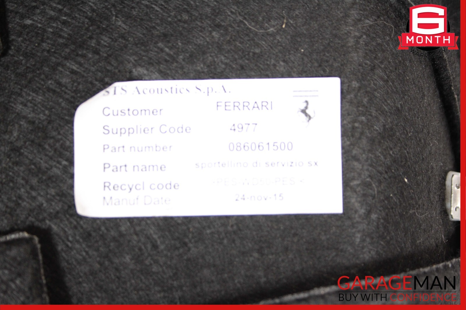 15-18 Ferrari California Right Passenger Side Trunk Carpet Side Panel Cover