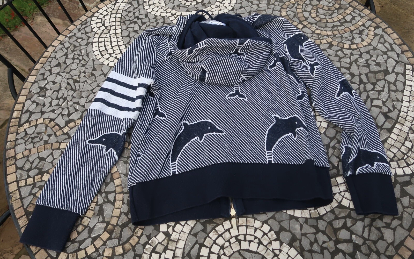 Thom Browne Dolphin Felpa con Cappuccio Maglione Zip Blu Navy Taglia 1