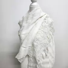 Vintage White Hand-Loomed Woven Wedding Shawl Wrap Scarf Large Lightweight