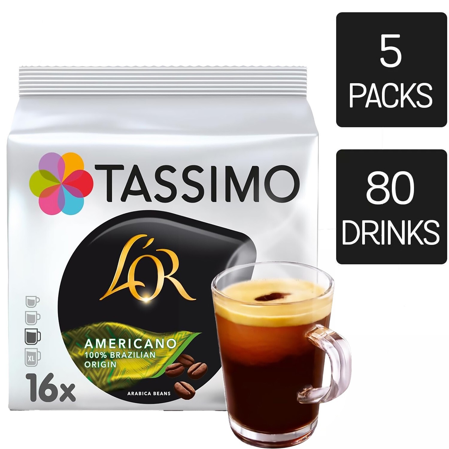 Tassimo L'OR Americano 100% Brazilian Origin Coffee Pods 5 Packs (80 Drinks)