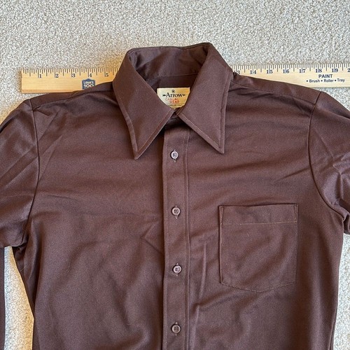 Vintage 70's Arrow Scrambler Brown Polyester Long Sleeve Shirt Mens Size Medium - Picture 9 of 15