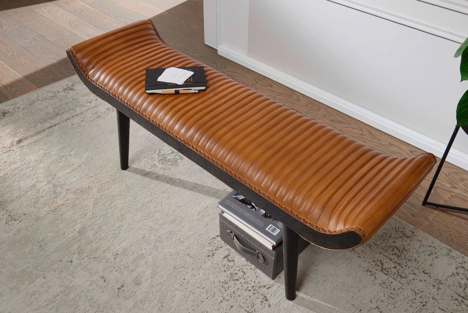 Banco de asiento FineBuy cuero auténtico / banco tapizado de madera 125x51x38 cm banco de cama banco de pasillo - Imagen 3 de 4