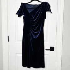 DAVID MEISTER Size 2 Navy Blue Velvet Cocktail Dress Ruched Tie Shoulder