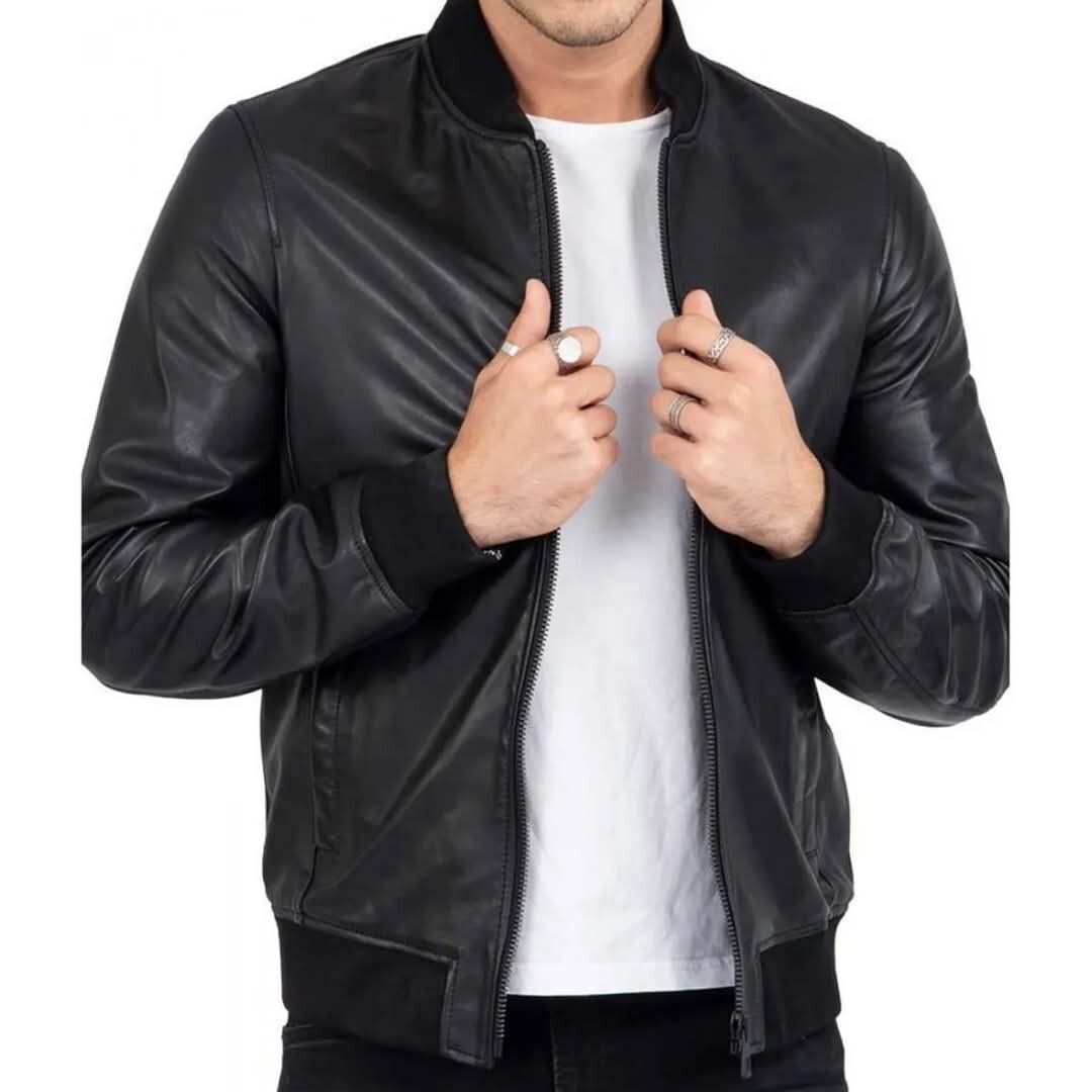 Black  Men's Biker Varsity Bomber Retro Aviator Genuine Real Leather Jacket