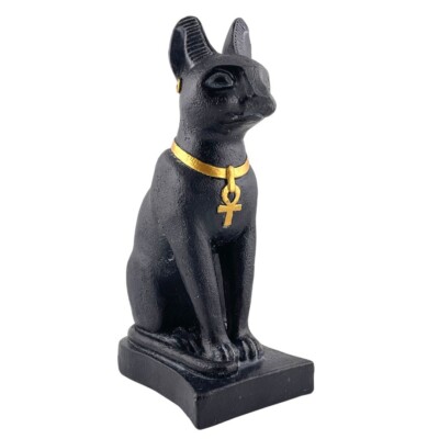 Bastet Egyptian Cat Statue Wearing Ankh Necklace Black and Gold Desk Figurine 7H