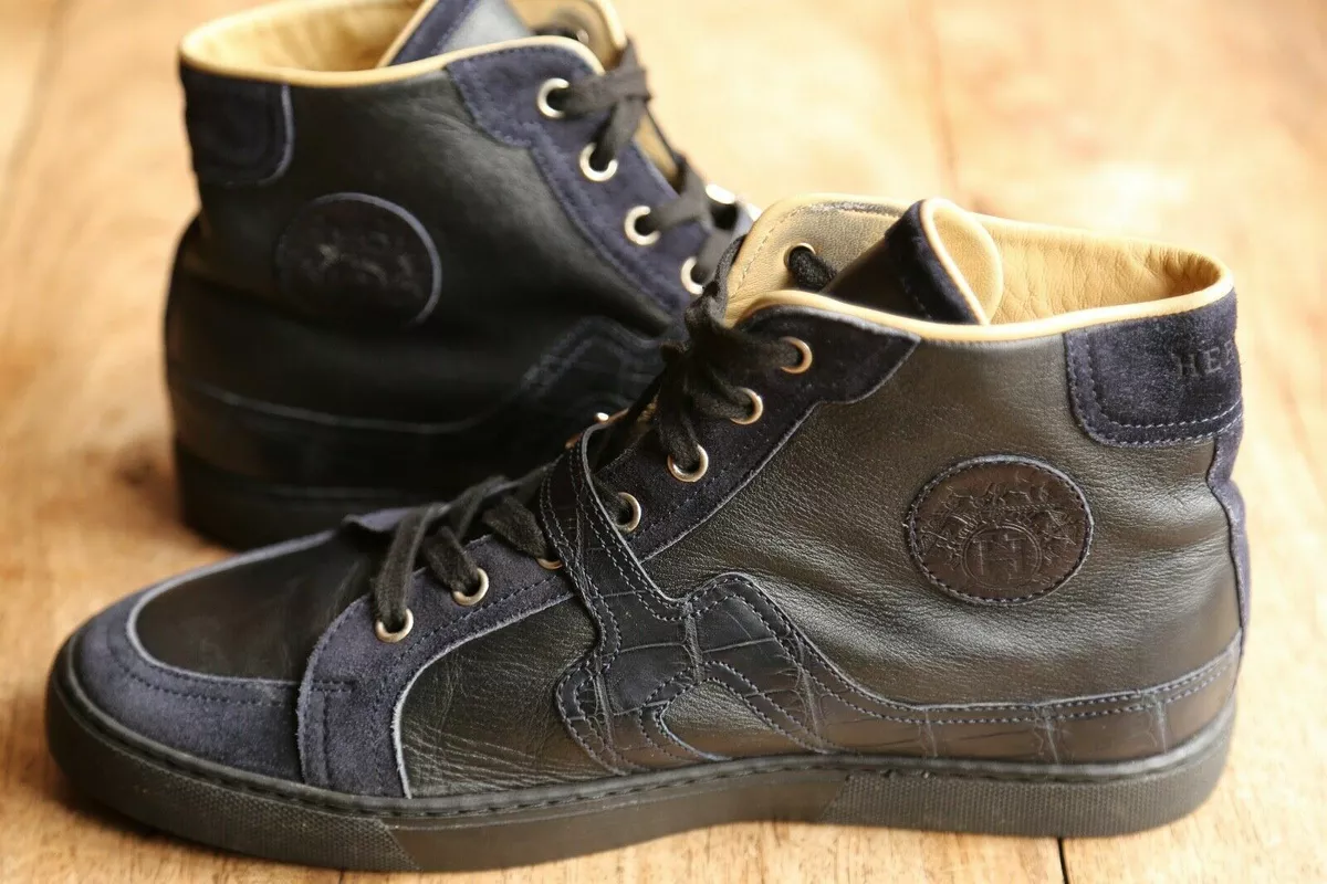 Men s Hermes Shoes Sneakers Navy Suede Crocodile Hi top US 7.5