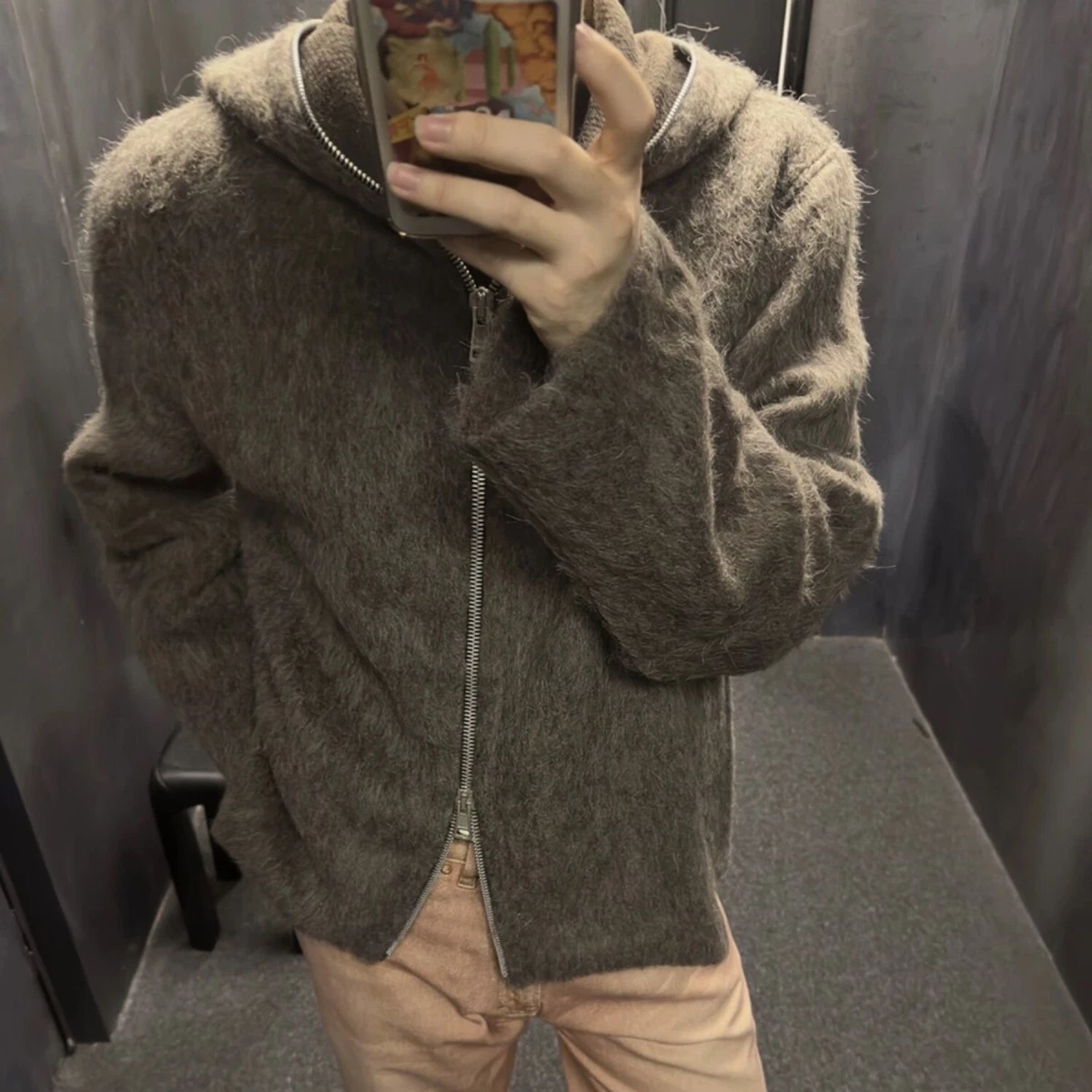 Mohair Zipper Cardigan Wool Blend Knit Sweater Hoodie Coat Mohair Zipper Cardigan Wool Blend Knit Sweater Hoodie Coat