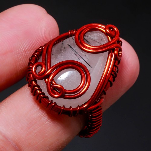 Black Rutile Gemstone Handmade Ethnic Wire Wrap Copper Jewelry Ring 7.25" SR 768