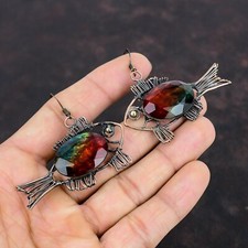 Ammolite Jewelry Copper Mother Gift Wire Wrapped Fish Drop/Dangle Earrings 2.44"