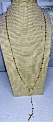 Rosary with Crucifix Gold Tone Stainless Steel Beads Chain & Pendant 32 inches - Picture 6 of 14