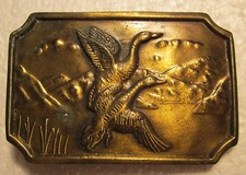 Ducks taking flight- vintaGE-BRASS 3 1/4 X 2 INCH BELT BUCKLE.