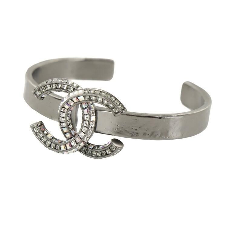 Authentic CHANEL CC Logo Rhinestone Bangle Bracelet Silver France