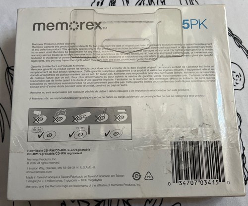 Memorex Rewritable High Speed CD-RW 12x 700MB/Mo 80 Min 5 Pack NEW, SEALED - 第 2/3 張圖片