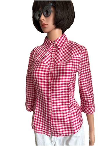 TARA JARMON Paris Silk Western Shirt XS Pink White Check Snap Button 3/4 Sleeve - Picture 2 of 13