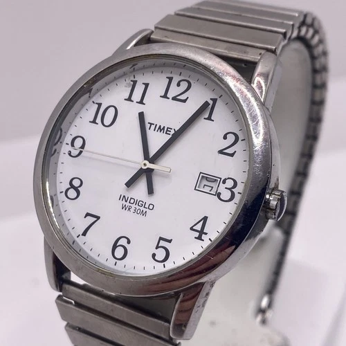 Timex Indiglo Vintage Mens Date Silver Watch New Battery