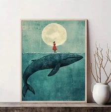 Canvas Wall Art  GIRL STANDING ON WHALE  Whimsical  Unframed  12 x 16    729