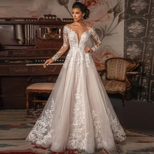 Elegant Lace Decal A-line Long Sleeved Wedding Dress V-neck Chiffon Bridal Gown