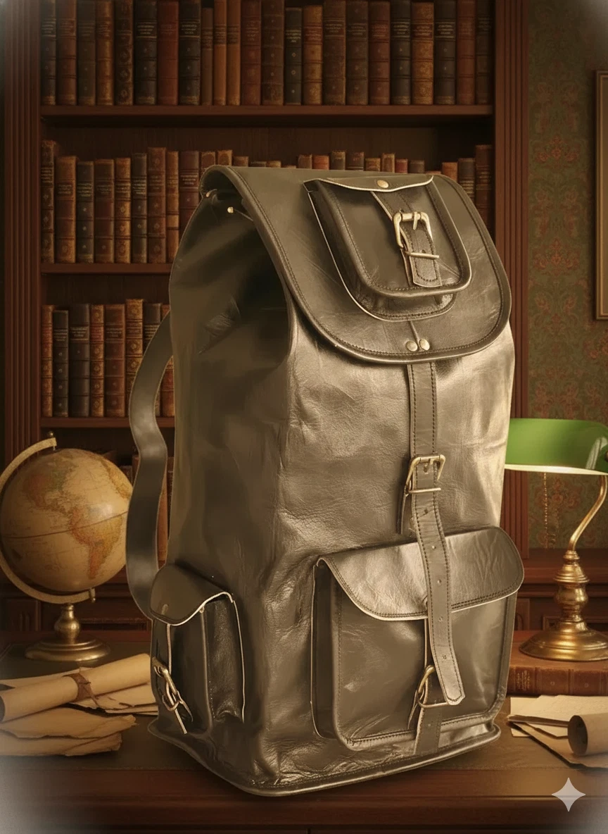 20" Goat Leather Vintage Laptop Bag Backpack Rucksack Men's Gym Black
