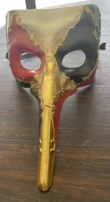 Venetian Paper Mache, Red, Black, Green, Gold White “scaramouche” Long Nose Mask