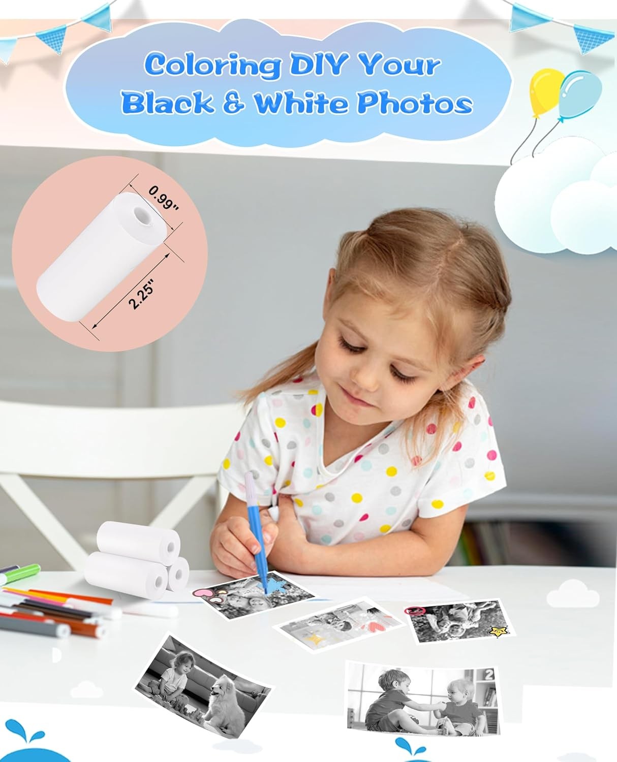 Thermal Paper, 10 Rolls Refill Print Paper for Kids Instant White 