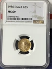 1986 American Gold Eagle 1/10 oz $5 - NGC MS69 FIRST YEAR STRIKE